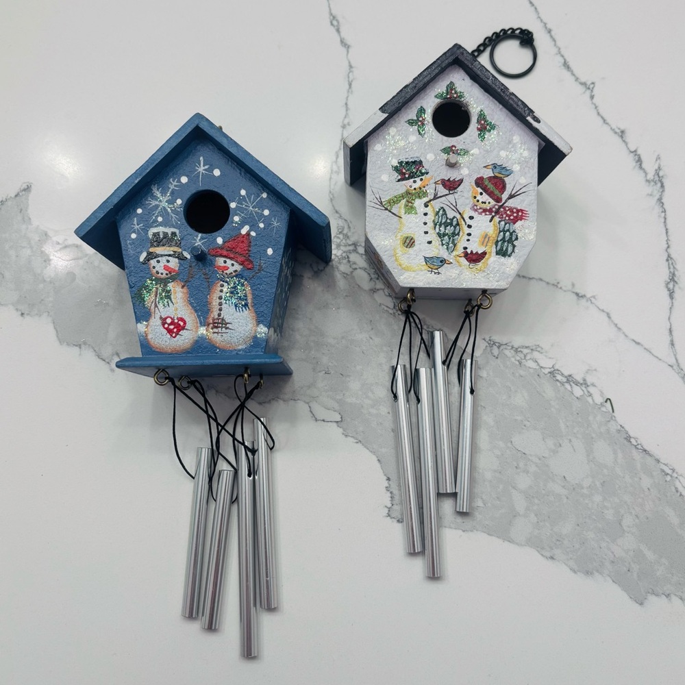 Vintage Hand Painted Holiday Snowman Birdhouse Wind Chime Decorations, Lof of 2